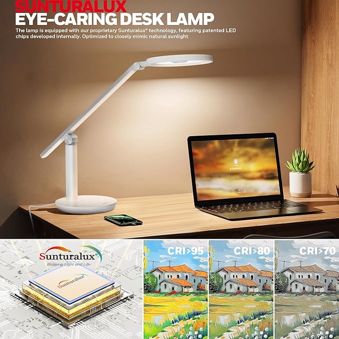 Honeywell Desk Lamp for Home Office, H6 Sunturalux™ Eye-Caring Led Desk Light, 800LM Dimmable Desk Lamp with Timer, Touch Control Tall Desk Reading Light, Table Lamp for Circle Webcam, Study, Bedroom - Bloomnest