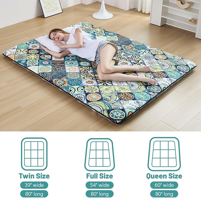 Japanese Floor Mattress Twin, Anti-Slip Japanese Futon Foldable Tatami Mat for Guests, Boho Green Checkered - Bloomnest
