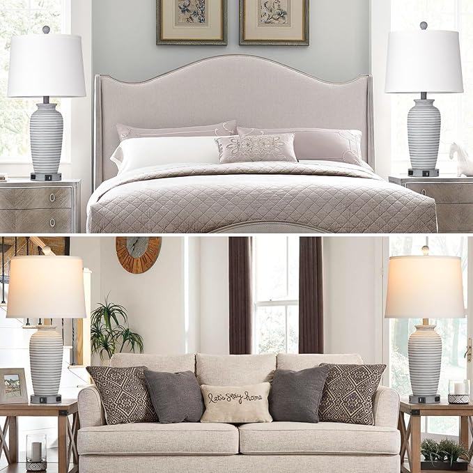 25" Farmhouse Jar Table Lamps Set of 2, 3 Way Touch Control Rustic Bedside Lamps with USB A+C Ports & AC Outlet, Pot Nightstand Lamps for Bedroom Living Room (LED Bulbs Included) - Bloomnest