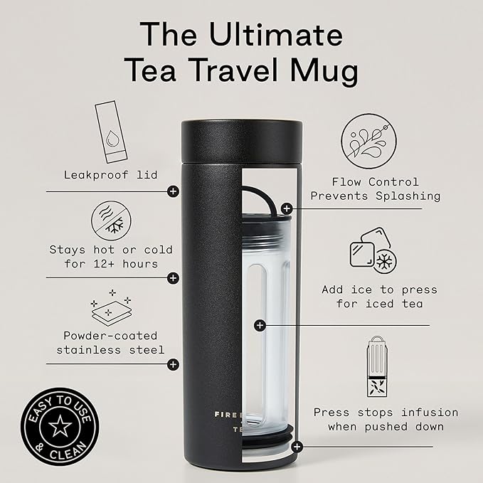 Firebelly Tea, Travel Tea Infuser Mug with Strainer, Insulated Tumbler for Loose Leaf Tea or Coffee, Leakproof Bottle for Hot or Iced Drinks, Stainless Steel Thermos with Lid, Noir - Bloomnest
