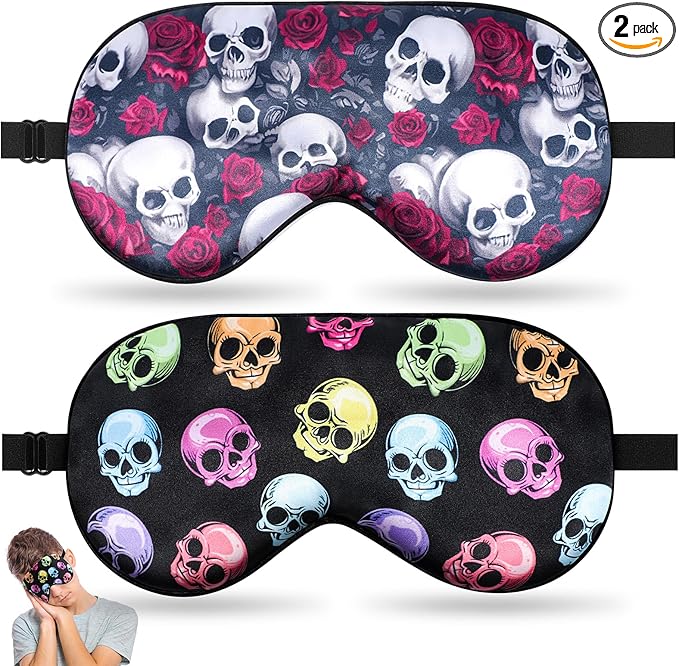 2 Pcs Human Skulls Sleep Halloween Mask for Women Men, Funny Silk Eye Covers for Sleeping, Adjustable Strap & Light Blocking Design, Adult Children's Bedtime Blindfold for Travel and Home Use (Skull) - Bloomnest