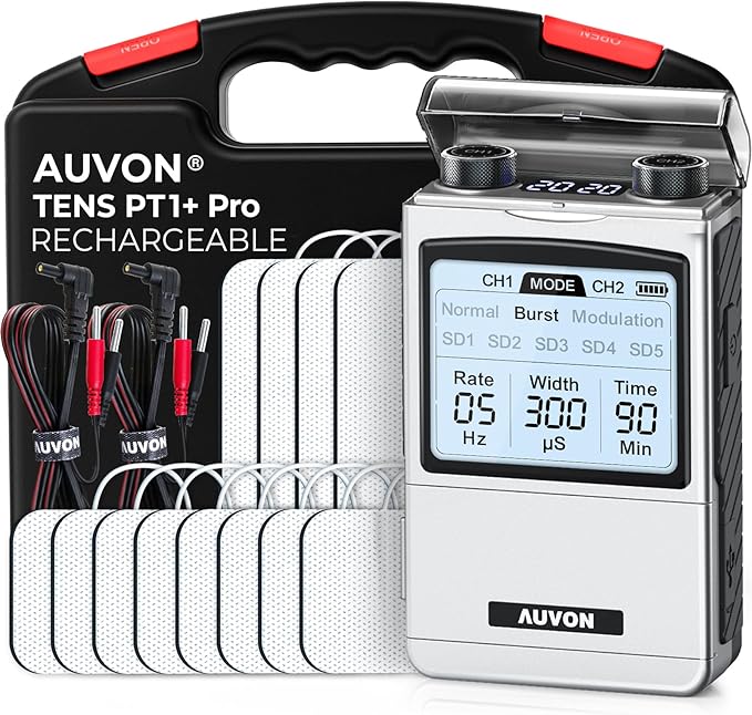 AUVON Rechargeable TENS Unit Muscle Stimulator, FSA HSA Eligible, Digital TENS Machine with 8 Customizable Modes, Electronic Massager for Sciatica, Shoulder & Back Pain Relief, 12 Pads, A Carry Case AUVON