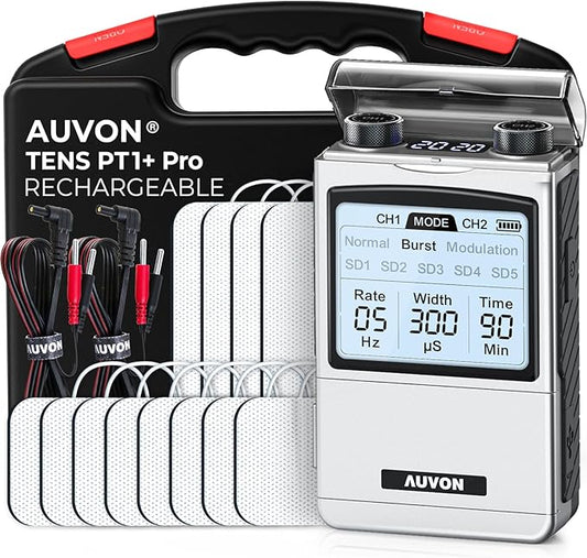 AUVON Rechargeable TENS Unit Muscle Stimulator, FSA HSA Eligible, Digital TENS Machine with 8 Customizable Modes, Electronic Massager for Sciatica, Shoulder & Back Pain Relief, 12 Pads, A Carry Case AUVON