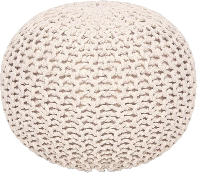 REDEARTH Round Pouf Ottoman –18"x18"x14" Hand-Knitted Cotton Pouffe –Cable Footstool –Boho Dori Hassock –Pre-Stuffed Poof – Extra Seat -Poofy Footrest for Living Room, Bedroom, Nursery, Nook –Ivory - Bloomnest