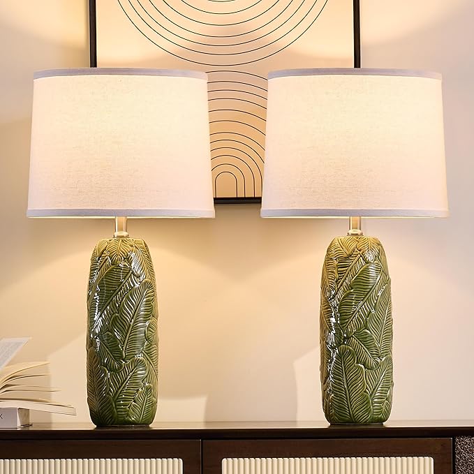 25” Green Lamps Set of 2 with Leaves Design for Living Room, Bedroom, Retro Ceramic Table Lamps for Nightstand Set of 2 - Bloomnest