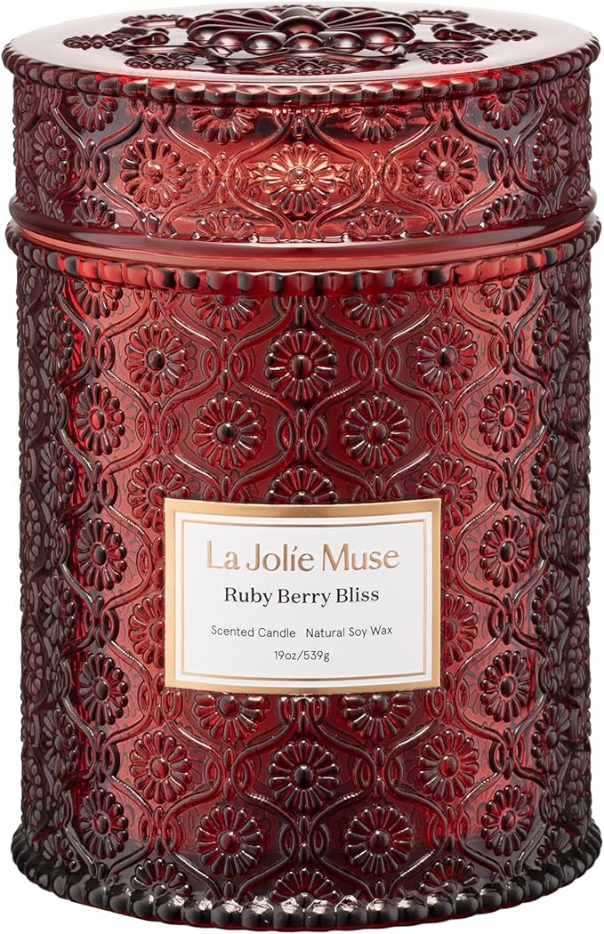 LA JOLIE MUSE Ruby Berry Bliss Scented Candle – Mandarin, Cranberry & Plum | 19 oz Festive Fall Candle | Wooden Wick | Clean Burn & Vibrant Scent | Fun Gift for Hosts & Fall Tablescapes - Bloomnest