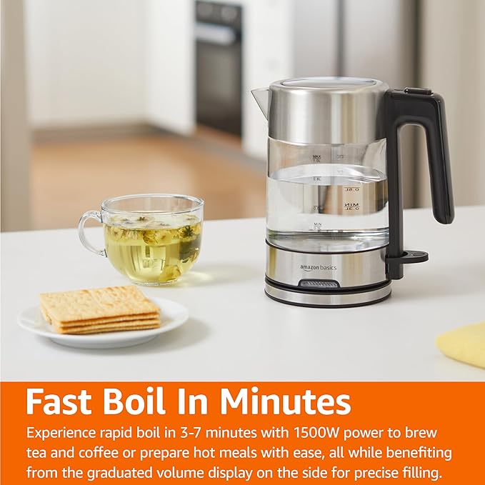 Amazon Basics Electric Kettle with Glass Carafe for Tea and Coffee, BPA-Free, Fast Boiling, Auto Shut-Off, 1.1 Quarts, 1500W, Glass and Steel - Bloomnest