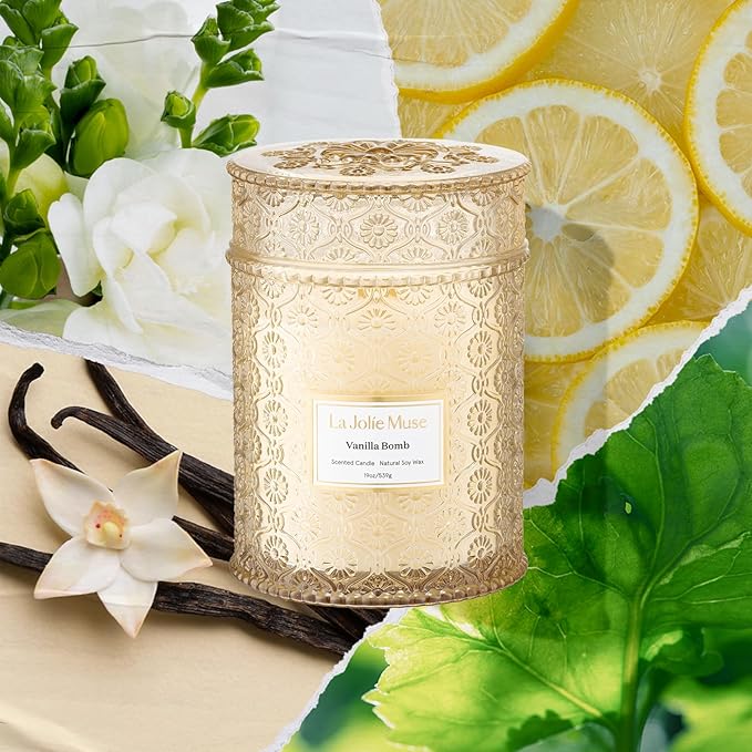 LA JOLIE MUSE Vanilla Bomb Candle| Vanilla, Lemon Zest & Patchouli |19 oz Large Wooden Wick | Natural Soy Wax | 90 Hours Clean Burn | Gift-Ready for Hosts | Seasonal Home Décor - Bloomnest