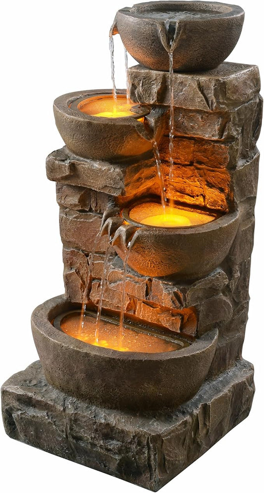 Teamson Home 33.27" Outdoor Freestanding Water Fountain with LED Lights, Cascading Bowls & Stacked Stones, Floor Fountain for Patio, Garden, Balcony, Lawn, Yard Decor, Brown Polyresin - Bloomnest