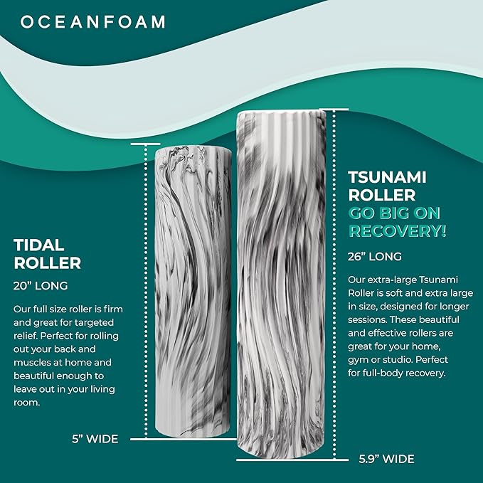 Oceanfoam Tsunami Roller (Black Marbled) - Soft, Textured Foam Roller for Physical Therapy, Back Pain, Excercise & Stretching - Wave Textured - Yoga, Athletics, Wellness - Extra-Large 26" x 5.9"