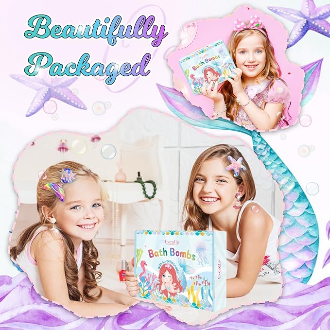Bath Bombs for Girls Kids with Surprise Inside, 20 Pcs Fun Princess Fizzy Bath Bomb with Jewelry Toys, Mermaid Gifts for Daughter Granddaughter Niece, Girls Gift Set for Birthday Christmas - Bloomnest