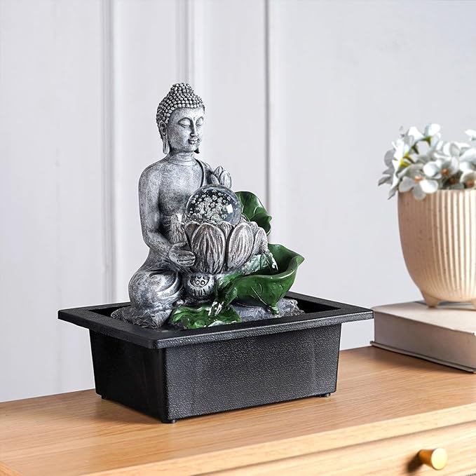 Buddha’S Lotus Tabletop Indoor Fountain for Home Decor Spiritual Decor for Home Office & Meditation Spaces (Height: 28 Cm) Black with Free Type-A Adapter - Bloomnest