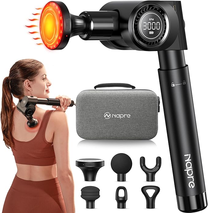 NAPRE Massage Gun with Heat,Deep Tissue Handheld Percussion Back Massager for Muscle/Neck/Body Pain Relief with Long Extension Retractable Handle,32-Speeds,Foldable,5 Adjustable Angles,with Carry Case - Bloomnest