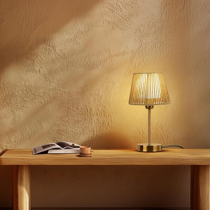 ONEWISH Touch Bedside Table Lamps Set of 2, 14.2" Boho Lamp 3 Way Dimmable, Rope lamp for Bedroom Nightstand Farmhouse, LED Bulb Included(Gold) - Bloomnest