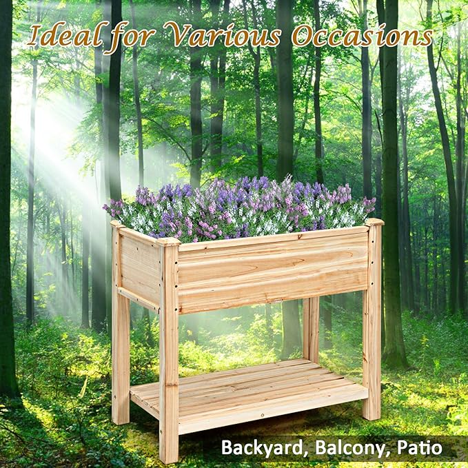 S AFSTAR Raised Garden Bed with Storage Shelf, Elevated Cedar Wood Planter Box with Legs, Outdoor Gardening Planting Bed for Vegetables Flower Herb Grow, Great for Backyard Patio Lawn - Bloomnest