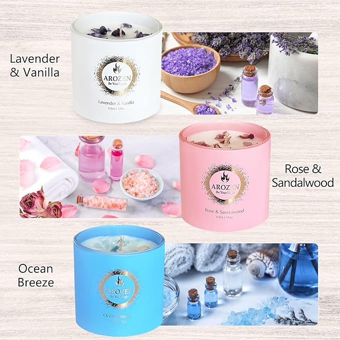 3 Pack Scented Candles Gift Set for Women, Birthday Gifts for Women, Valentines Day for her, Mothers Day Gifts, Candles for Home Scented of Lavender, Ocean Breeze & Rose Sandalwood - Bloomnest