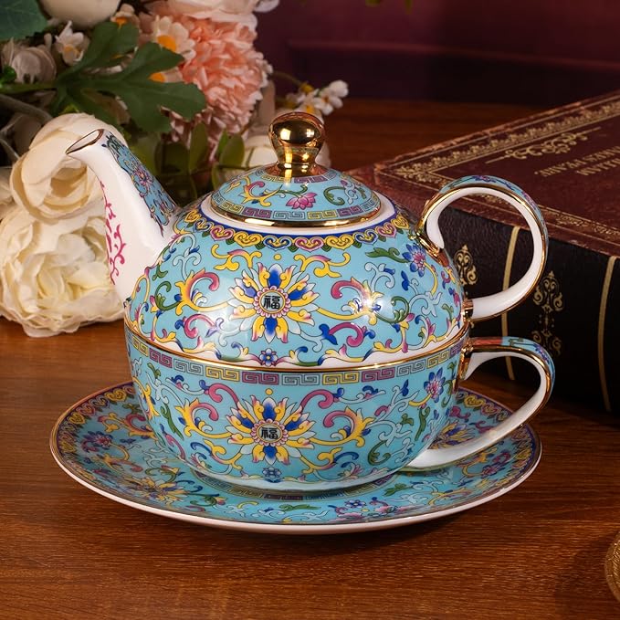 Tea for One, Porcelain Teapot and Cup Set, Vintage Tea Pot and Saucers Set, Ceramic Tea Set for Tea Party, Office and Home, Lake Blue Tea Cups and Saucer Set for Coffee, Cappuccino, Tea - Bloomnest