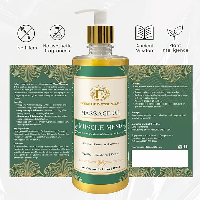 Muscle Recovery Massage Oil by Enhanced Essentials |Deep Restorative Formula with Ayurvedic Extracts,Pure Essential Oils & Vitamin E |Relieves Fatigue,Soothes Post-Workout Strain |16.9 fl oz (500ml)