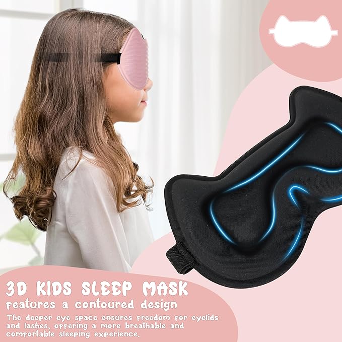 Kids Sleep Mask Eye Mask: 3D Contoured Cup Sleeping Masks, Blindfold with Adjustable Strap, Kids Eye Cover for Boys, Girls, Teens, Pressure-Free with Memory Foam Face Mask for Sleeping (Pink) - Bloomnest