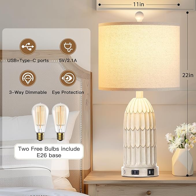 Farmhouse Table Lamps Set of 2, 3-Way Dimmable Touch Lamp for Bedroom Nightstand with USB A+C Ports & AC Outlet, White Vintage Boho Bedside Lamp for Living Room End Table (Bulbs Included) - Bloomnest