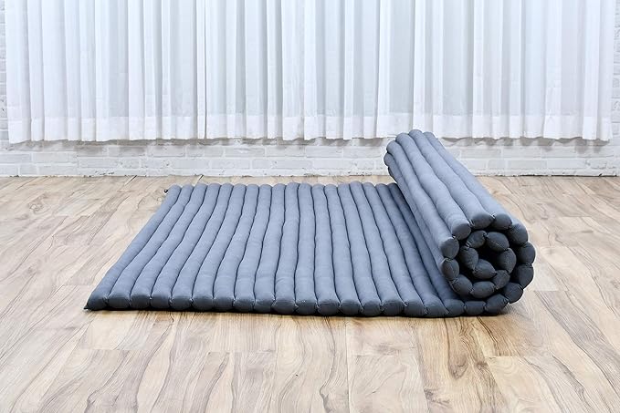 Leewadee - Foldable Floor Mattress - Japanese Roll Up Futon -Trifold Tatami Mat- Guest Floor Bed - Camping Mattress - Thai Massage Mat, Kapok Filled, 75 x 57 inches, Anthracite - Bloomnest