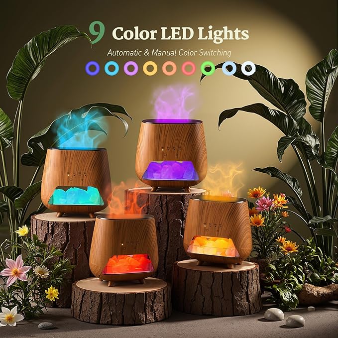 Essential Oil Diffuser for Home: 200ml Aromatherapy Diffuser with Himalayan Pink Salt Rock, Cool Mist Humidifier with Auto Off Function and 9 Colors LED Night Light for Bedroom - Bloomnest