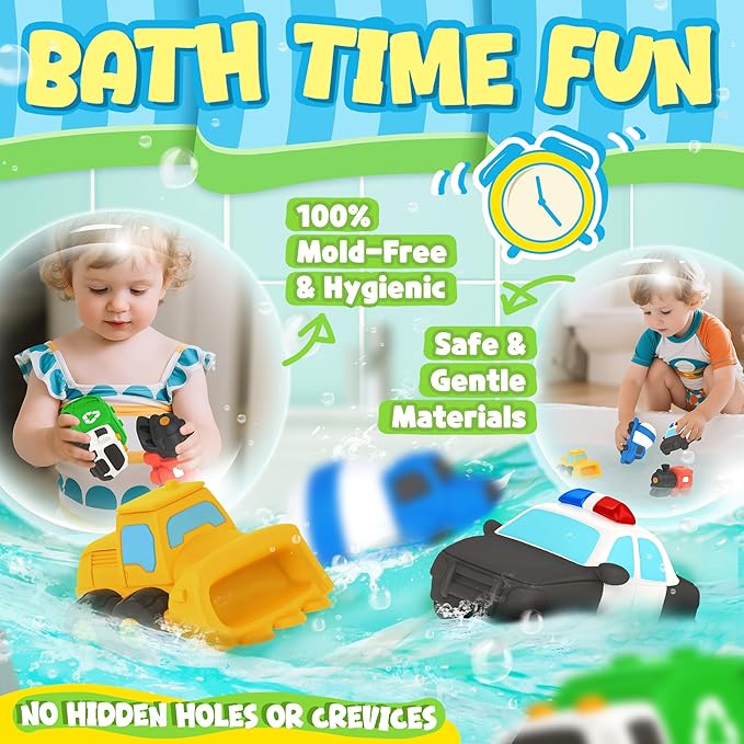 6 PCS Vehicle Floating Bath Toys Mold Free Infant Bath Tub Toys for 12 Months - No Hole Bathtub Toys for Toddlers 1-3 Water Pool Toys for Baby Toddler Ages 1+ - Bloomnest