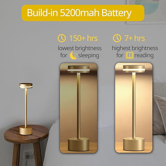 Portable Rechargeable Bedside Lamp, Touch Stepless Dimmable Desk Lamp, Cordless Table Lamp, Ideal for Home, Bedroom, Hotel, Restaurant, Bar, Outdoor, 1 Pack (Gold) - Bloomnest