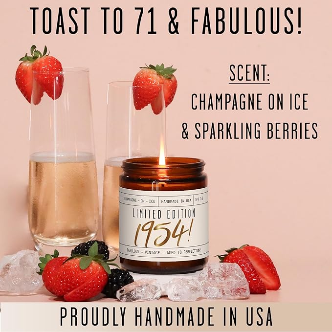 71st Birthday Gifts for Women - 'Limited Edition 1954' Soy Candle, w/Champagne on Ice I 71 Birthday Gifts for Women I 71st Birthday Gift for Her Ideas I 9oz Reusable Jar, 50Hr Burn, Made in USA - Bloomnest