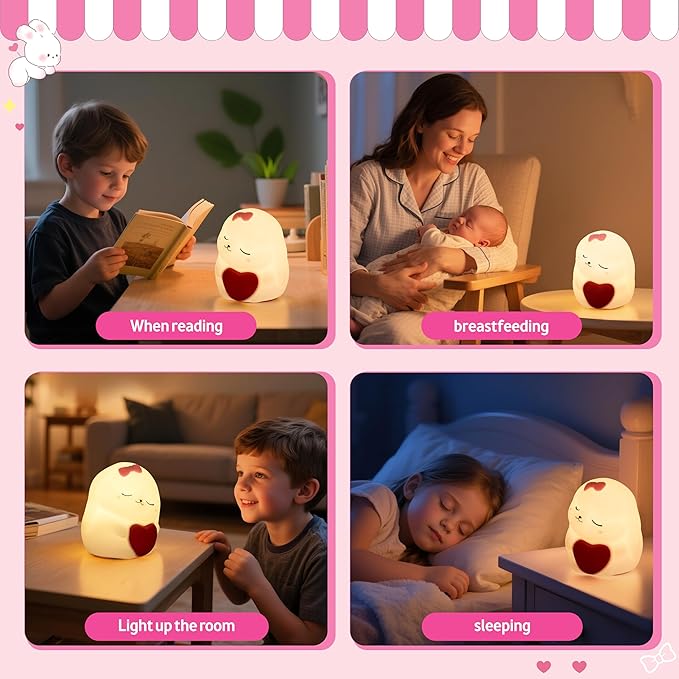 Night Light for Kids, Rechargeable Dimmable Silicone LED Nightlight with 7 Colors, Baby Nursery Night Lamp, Touch Squishy Lamp, Cute Gifts for Girls, Boys, Toddler Room Decor, Rabbit - Bloomnest