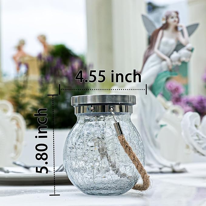 Cooo 2 Pack Heavy Crackle Glass Solar Lantern with 30 LED Firefly Lights– Waterproof Outdoor Hanging Lamp 215% Larger Solar Panel, Stainless Steel Lid Decorative Lighting for Garden Patio Table - Bloomnest
