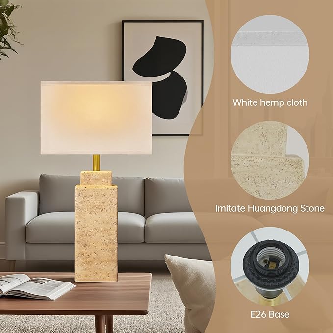 27.6" Vintage Table lamp, Farmhouse Bedside Table Lamps for Bedroom, Living Room, Dining Office, Huangdong Stone Color Lamp Base with White Linen - Bloomnest