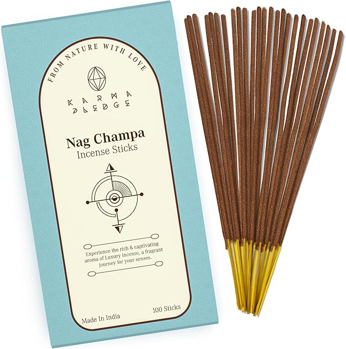 Nag Champa Incense Sticks, Organic Hand Dipped 100 Sticks with Natural Herbs & Aromatic Ingredients, Burn Time 45 to 60 Minutes, Incense for Positivity, Yoga, Meditation, Relaxation, Spiritual Gift KARMAPLEDGE