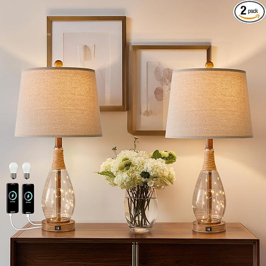 OYEARS Table Lamp Sets of 2,Lamps for Living Room,Bedside Lamps with USB A+C and Nightlight,Retro Farmhouse Rattan Glass,for Bedroom Living Room Bedroom,Two Light Points,23" - Bloomnest