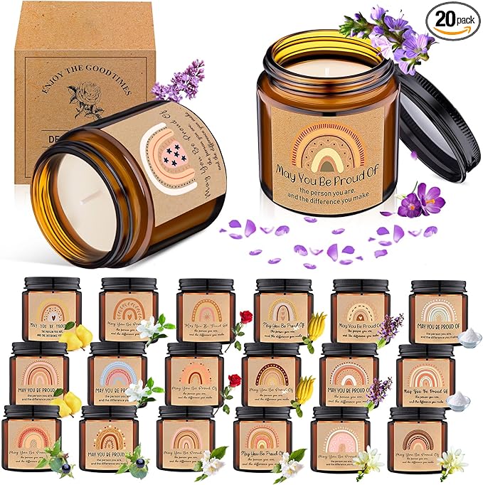MTLEE 20 Pcs Thank You Gifts Candles 3.5 oz Employee Appreciation Inspirational Scented Soy Wax Candle Thank You Gift Christmas Gifts for Coworker Women Volunteer Teacher(Rainbow,Brown) - Bloomnest