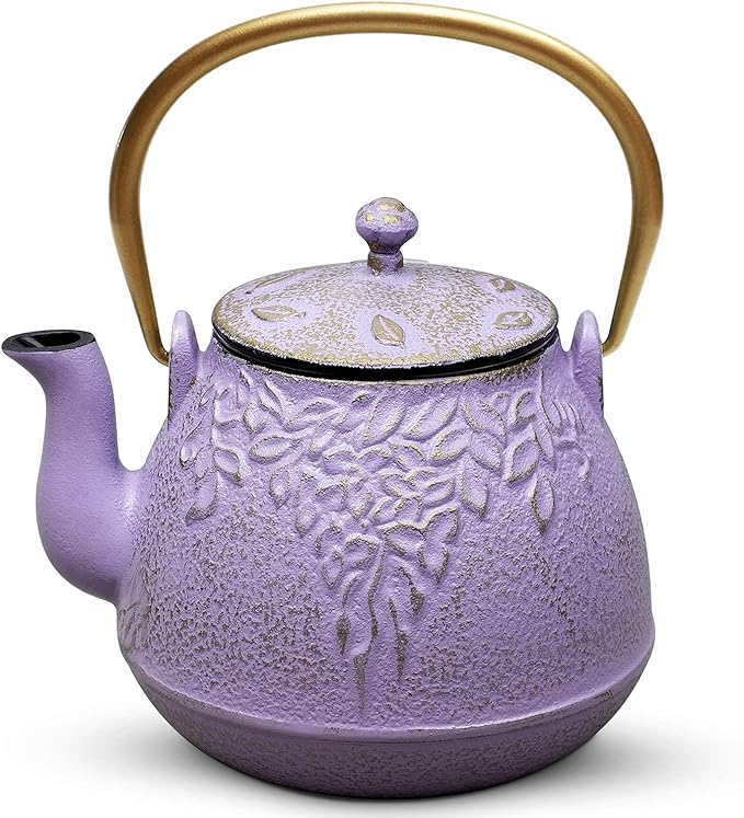 TOPTIER Japanese Cast Iron Tea Kettle with Stainless Steel Infuser, Cast Iron Teapot Stovetop Safe, Leaf Design Teapot Coated with Enameled Interior, 32 Ounce (950 ml), Lilac Purple - Bloomnest