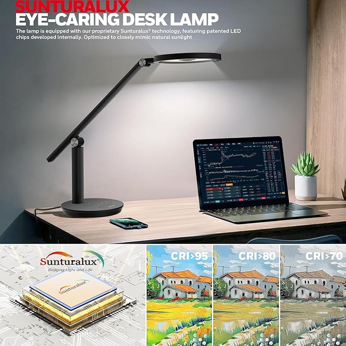 Honeywell Desk Lamp for Home Office, H6 Sunturalux™ Eye-Caring Led Desk Light, 800LM Dimmable Desk Lamp with Timer, Touch Control Tall Desk Reading Light, Table Lamp for Circle Webcam, Study, Bedroom - Bloomnest
