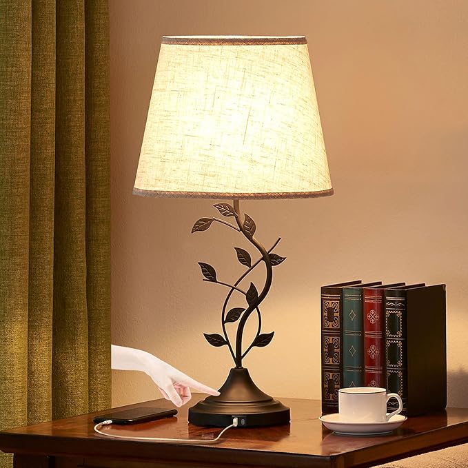 Kakanuo USB Touch Table Lamp Bedside Lamp with USB C Charging Ports for Living Room, Beige 3 Way Dimmable Traditional Nightstand Lamp Retro Table Lamp for Bedroom and Office (LED Bulb Included) - Bloomnest
