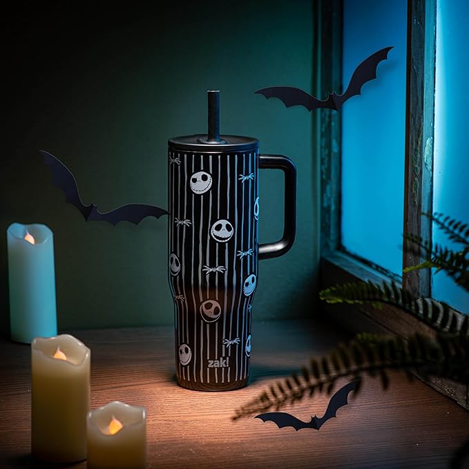 Zak Designs Disney Tim Burton's The Nightmare Before Christmas Sutton Travel Tumbler for On the Go, 30oz Stainless Steel with Vacuum Insulation and Silicone Straw for Cold Drinks (Jack Skellington) - Bloomnest