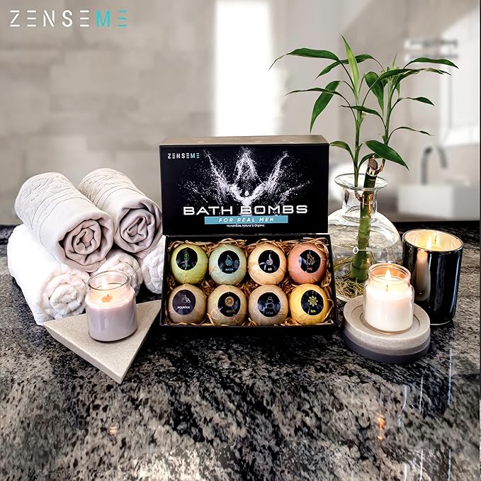 Bath Bombs for Men, Gift Set of 8 Scented Organic Handmade Bath Bombs of 2.5 oz with Natural Essential Oils for Boyfriend, Husband, Father or Friend, by ZenseMe - Bloomnest