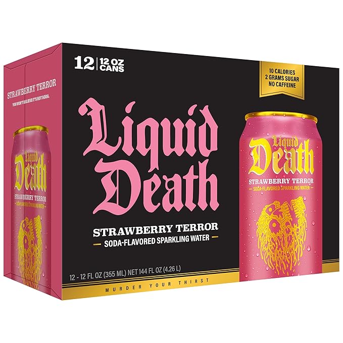 Liquid Death Soda-Flavored Sparkling Water - Strawberry Terror, Less Sugar*, Huge Flavor, No Caffeine, No Artificial Sweeteners, 12 Fl Oz (Pack of 12) - Bloomnest