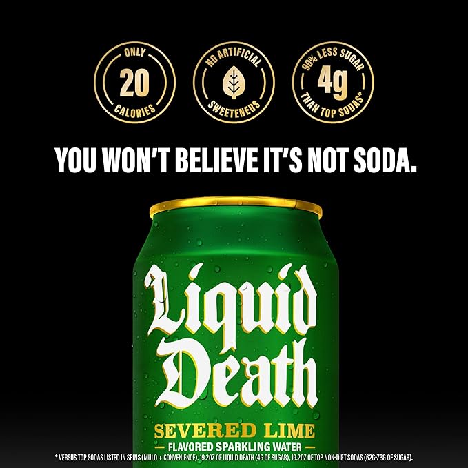 Liquid Death Soda-Flavored Sparkling Water - Severed Lime (Classic Lime Soda), Less Sugar*, Huge Flavor, No Artificial Sweeteners, King Size 19.2 Fl Oz (Pack of 12) - Bloomnest