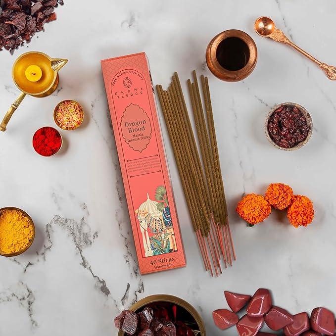 Incense Sticks, Dragons Blood Incense, Made with Natural Ingredients, Hand Rolled Aromatic Masala, 40 Stick Pack, 45-60 Minute Burn Time, Best for Home Fragrance, Meditation, Yoga, Spiritual Healing KARMAPLEDGE