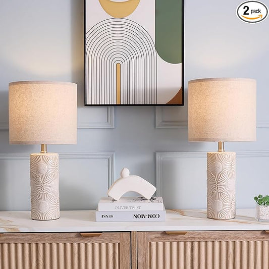 20.75" White Ceramic Lamps Set of 2 with Floral Design, Farmhouse White Table Lamp for Living Room, Bedroom, Beige Lamps for Nightstands Set of 2 - Bloomnest