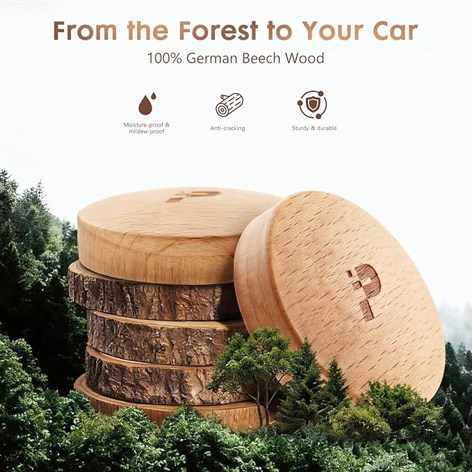 Wooden Car Air Freshener Vent Clip, Refillable Essential Oil Diffuser with Long-Lasting Natural Scent, European Beech Wood & Metal Auto Deodorizer, Includes 2 Clips + 4 Plaster Refill Pads - Bloomnest