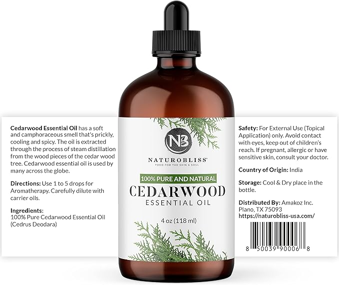 NaturoBliss Cedarwood Essential Oil – Huge 4 Fl Oz – 100% Pure and Natural – Premium Grade Essential Oil for Diffuser and Aromatherapy, Skin, Massage, Candle and Soap Making Fragrance - Bloomnest