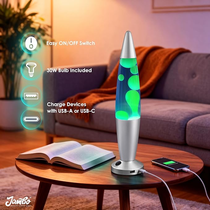 JAMBO Beautiful Liquid Lamp with USB Ports, 16" Motion Light with Blue Liquid Yellow Wax, Relaxing Nightlight, Mood Light for Bedroom, Living Room, Office - Adults, Teens, Kids - Bloomnest