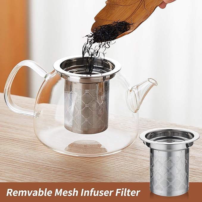 34OZ/1000ml Glass Teapot with Stainless Steel Infuser, Drip-Free Spout, and Wooden Knob Lid – Stovetop Safe Borosilicate Tea Kettle for Loose Leaf and Herbal Tea Brewing - Bloomnest