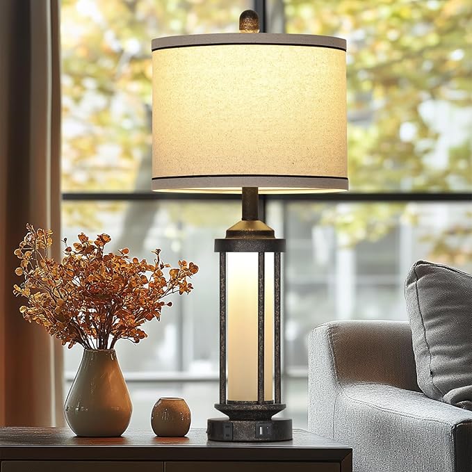 27" Industrial Farmhouse Table Lamp, Vintage Rustic Beside Lamp with USB A+C Charging Ports & AC Outlet, Modern Single Table Lamp with Frosted Glass Night Light for Bedrooms Nightstand Bronze - Bloomnest