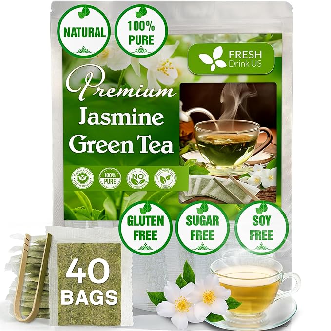 FreshDrinkUS, Premium 40 Jasmine Green Tea Bags, 100% Natural & Pure from Jasmine Green Tea. Jasmine Green Herbal Tea. Made with Natural Material Tea Bags. No Sugar, No Gluten, Vegan. - Bloomnest